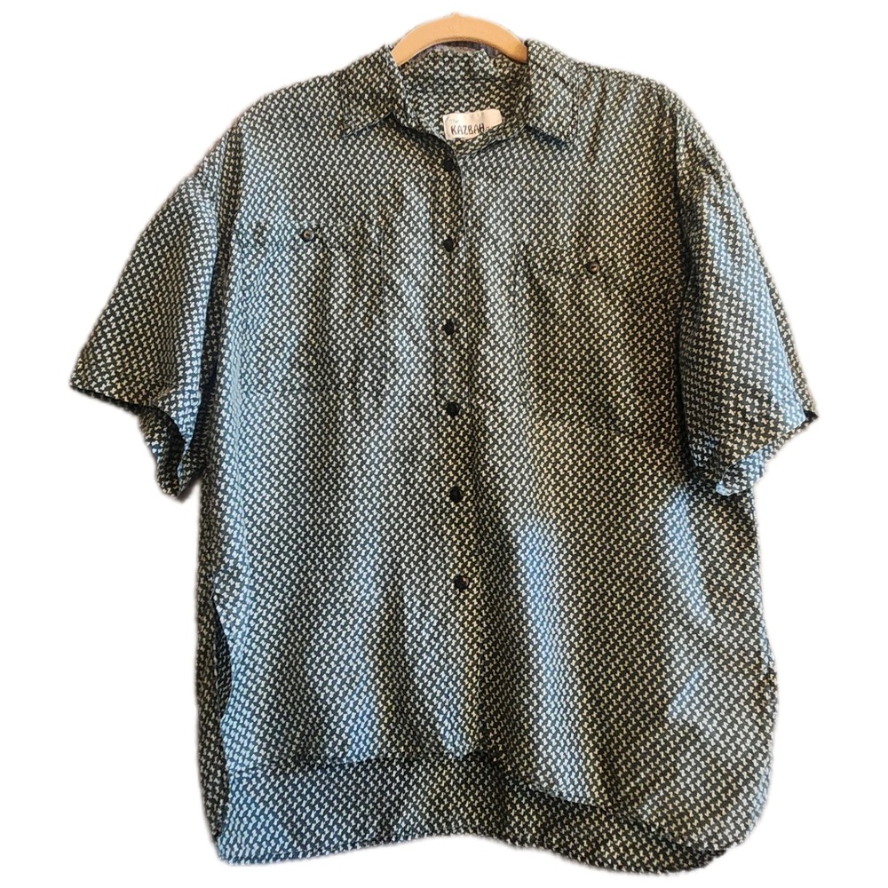 Silk Kazbah Club Mens Short Sleeve Button Down Shirt Geometric Print Olive White